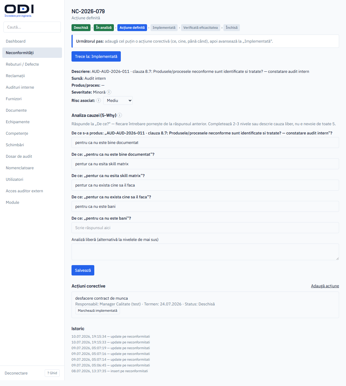 La page de détail d'une non-conformité