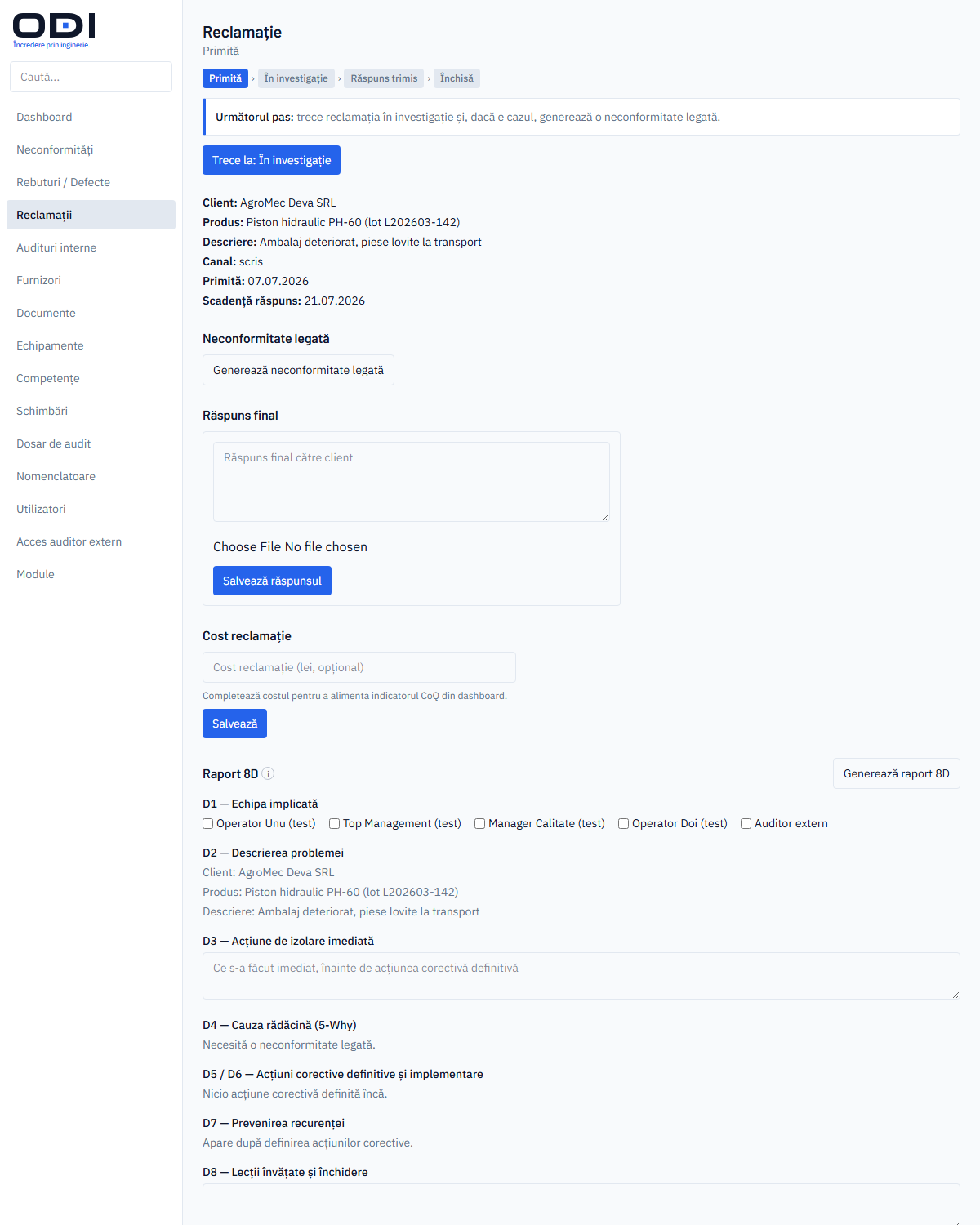La page de détail d'une réclamation